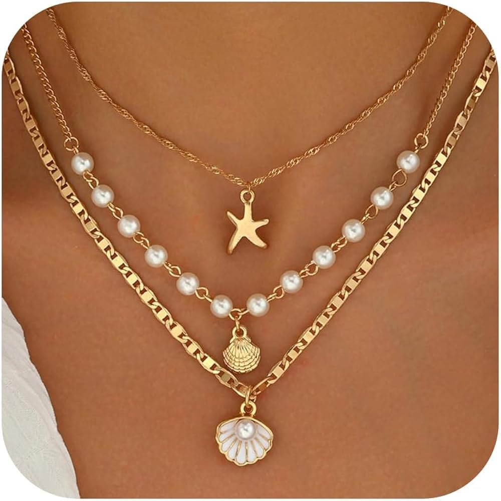 Seashell Necklace for Beach Dresses Layered Pearl Starfish Pendant Gift for Women Summer Accessor... | Amazon (US)