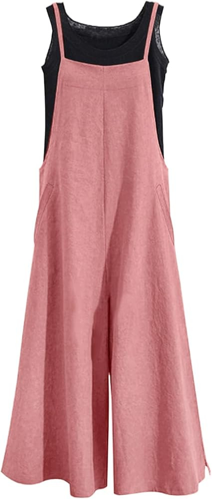 YESNO Women Casual Loose Long Bib Pants Wide Leg Jumpsuits Baggy Cotton Rompers Overalls with Poc... | Amazon (US)