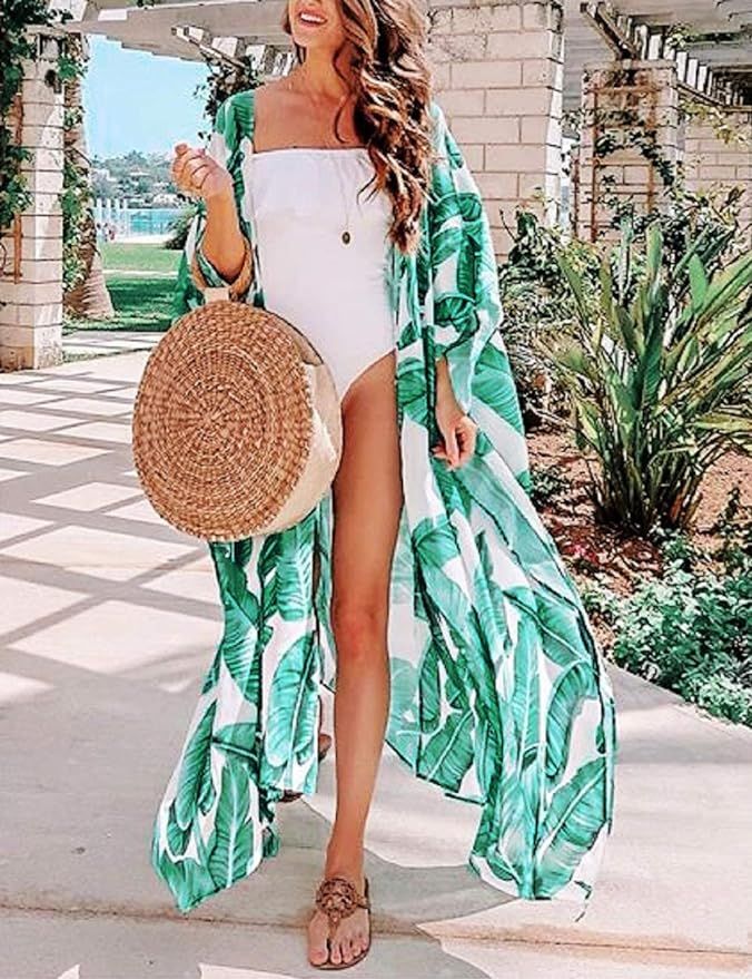 Bsubseach Womens Chiffon/Rayon Beach Blouses Kimono Cardigan Long Bikini Cover Up | Amazon (US)