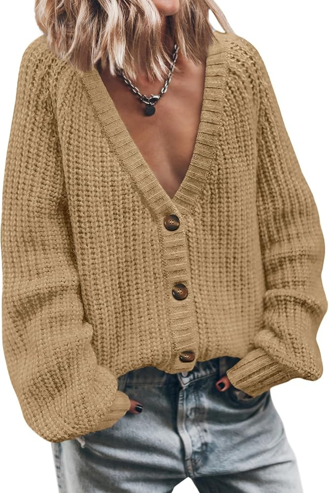LILLUSORY Women's Chunky Cropped Oversized Cardigan Sweater V Neck Knit Cute Fall Casual Fashion ... | Amazon (US)
