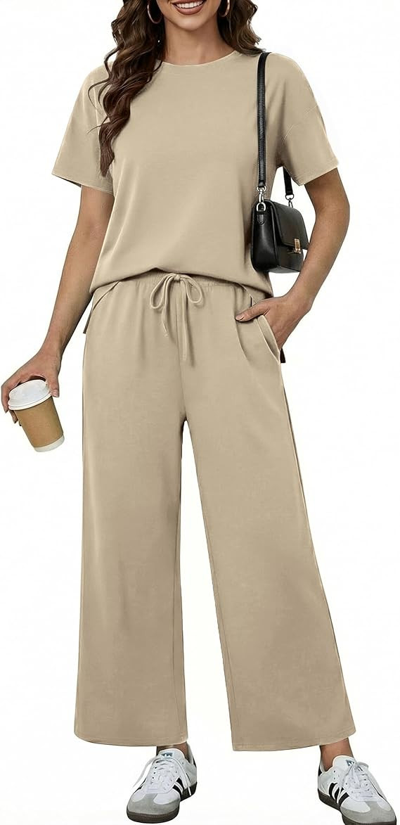 PINSPARK Soft 2 Piece Sets for Women Short Sleeve Matching Lounge Set Wide Leg Pants Tracksuit Tr... | Amazon (US)