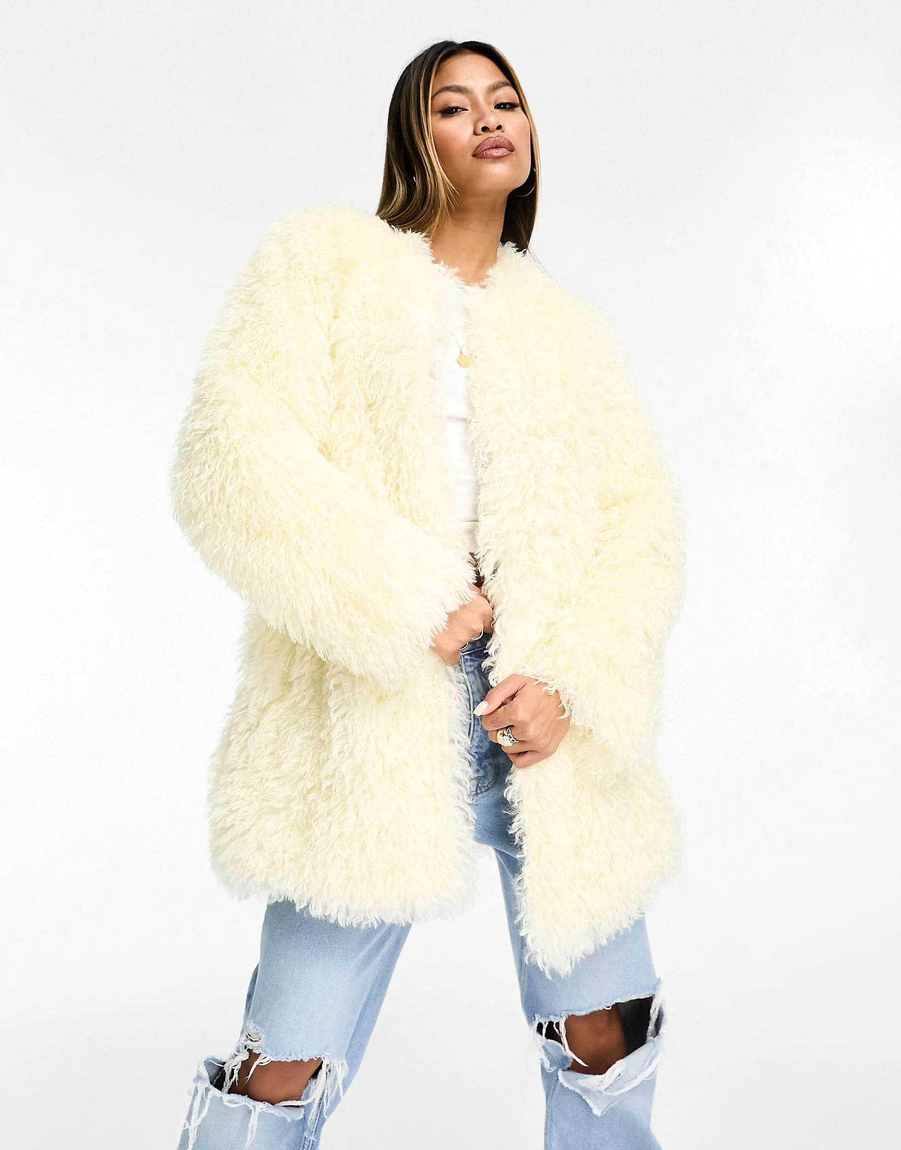 Jayley faux fur shaggy mid coat in cream | ASOS (Global)