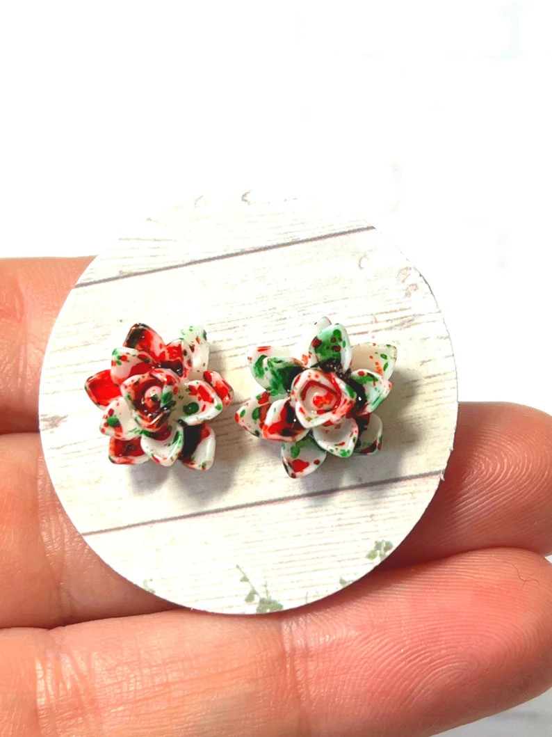 Red White Green Inkblot Colored Flower Studs Christmas Gift - Etsy | Etsy (US)