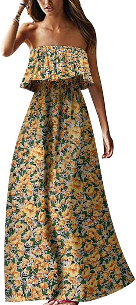 Yidarton Women Summer Blue and White Porcelain Strapless Boho Maxi Long Dress | Amazon (US)