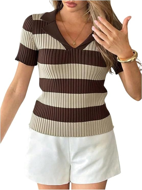 Milumia Women's Color Block Striped Sweater Top Collared V Neck Short Sleeve Going Out Knit Tops | Amazon (US)