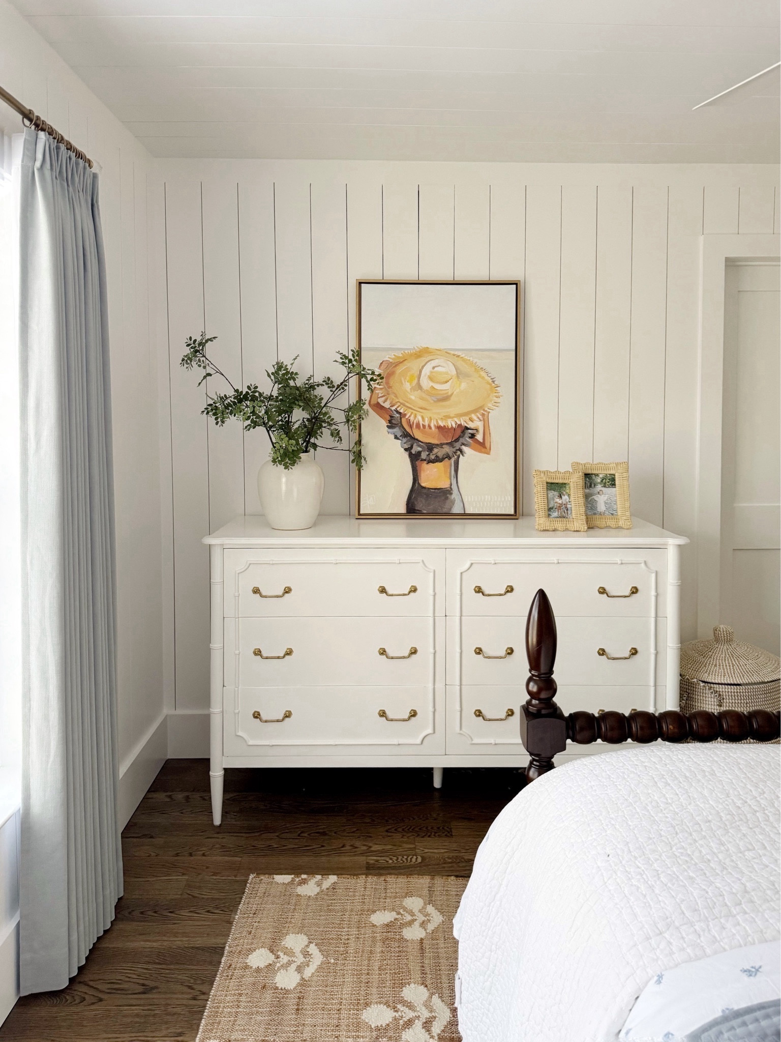 Coastal cottage kids room:

Not linked: dresser is Steven Shell Living, nightstands are from home goods, bird art is thrifted, blue quilt & velvet is home goods.

Curtain details: 

Isabella Heavyweight Cotton Blend
Winter Sky
Pleated 
76” width
82” height 
Room darkening 75%-90% polyester white 
Memory training 

Inside window: 70wx60h
8’ ceiling 
