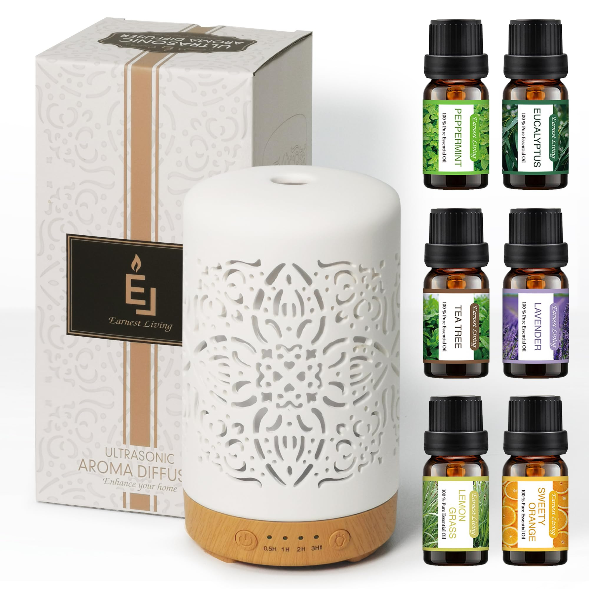 Earnest Living Essential Oil Diffuser Gift Set White Ceramic Diffuser 100 ml & Essential Oil Set ... | Amazon (US)