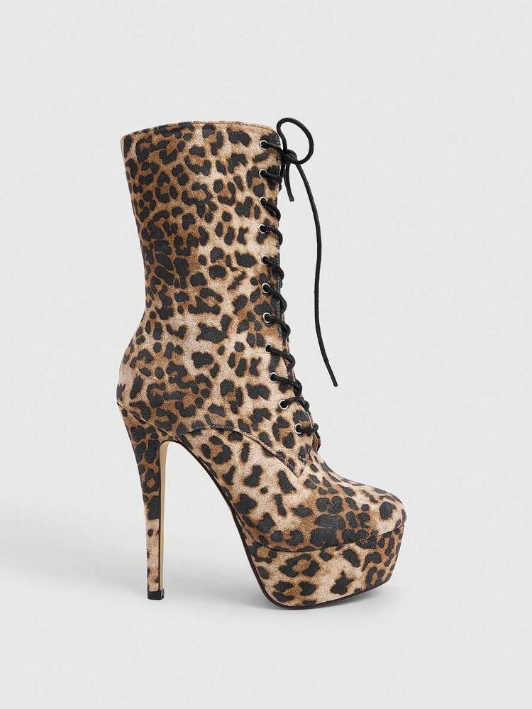 Cuccoo CUCCOO LuxiPop Sexy Fashion Leopard Print Lace-Up Round Toe Platform Stiletto Heel Casual Versatile Side Zipper Mid-Calf Boots, Suitable For Halloween, Christmas, New Year, Date Night, Autumn Nightclub Style | SHEIN