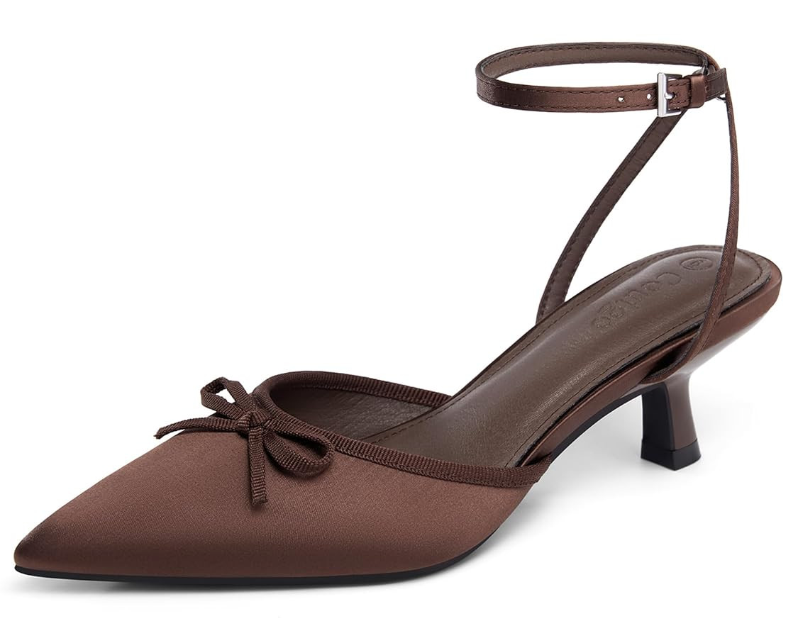 Coutgo Satin Kitten Low Heels with Bow Closed Pointed Toe Short Pumps Dress Wedding Party Shoes | Amazon (US)