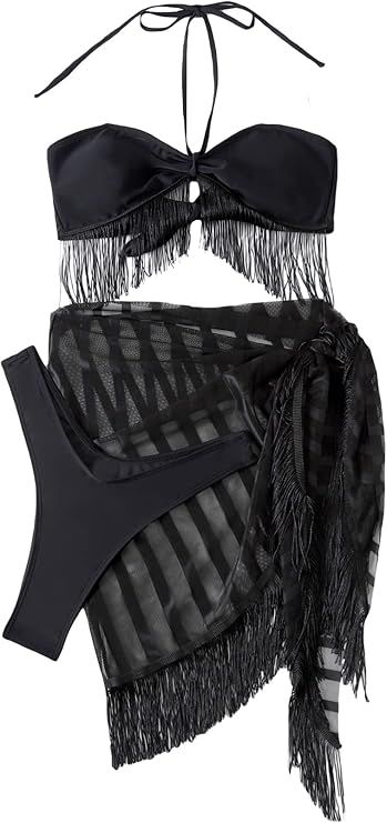 MakeMeChic Women's Tassel 3 Piece Swimsuit Halter High Cut Bikini Set with Wrap Cover Up | Amazon (US)
