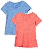 Amazon Essentials Women's Tech Stretch Short-Sleeve V-Neck T-Shirt, Pack of 2, Coral Orange/Light Bl | Amazon (US)