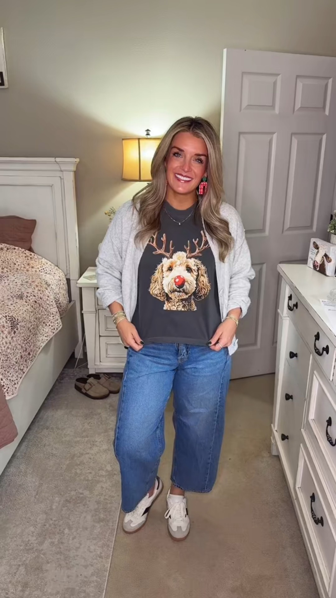 Casual everyday outfit details 🤍 Cozy cardigan layered over a fun graphic tee, relaxed wide-leg jeans, and comfy sneakers. This is my go-to casual look for errands, coffee runs, and everyday wear.

#LTKootd #LTKHoliday