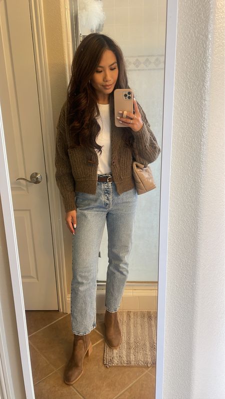 XS in sweater and 25 extra short in denim, linked similar bodysuit 