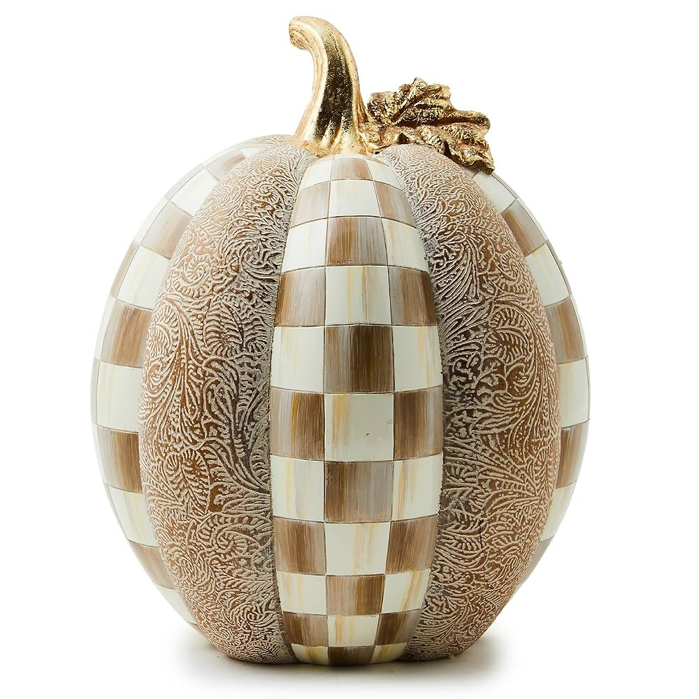 MACKENZIE-CHILDS Short Pumpkin, Resin Halloween Home Decor, Mocha Check and Block Print | Amazon (US)