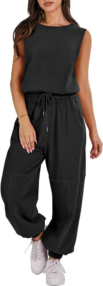 ANRABESS Womens Sleeveless Crewneck Loose Fit Open Back Jumpsuits Outfits One Piece Workout Activ... | Amazon (US)