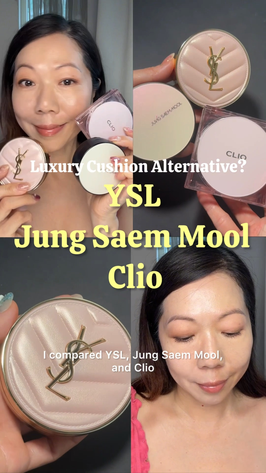 ✨ Looking for a luxury cushion foundation alternative?

Self Purchased Items 

I compared three of my favorite cushion foundations to see which one gives the most beautiful healthy glow. They’re all made in Korea and designed for combination to dry skin, with finishes ranging from velvety to glowy.

YSL TOUCHE ÉCLAT GLOW-PACT CUSHION in B20 (available in Asia)
⭐ BeautyKat Rating: 4.5/5 (Highly Recommend)
✨ Medium to full coverage 
🌞 SPF50 
💧 Buildable formula 
✨ Glowy finish that smooths the look of fine lines

JUNG SAEM MOOL Essential Skin Nuder Cushion in 21 Medium
⭐ BeautyKat Rating: 4.7/5 🏆 Winner (Highly Recommend)
🌞 SPF50 
🤍 Medium to full coverage 
🌿 Soft, velvety natural finish 
💛 Great for all skin types

CLIO Kill Cover Mesh Glow Cushion in 24W Sand
⭐ BeautyKat Rating: 4.3/5 (Worth Trying)
🫧 Mesh cushion 
✨ Light to medium coverage 
💦 Glowy finish 
💙 Great for dehydrated skin

✨ My Verdict

🥇 JUNG SAEM MOOL – My top pick! It offers the best balance of natural finish, buildable medium-to-full coverage, SPF50 protection, great shade match, and excellent value for money.

🥈 YSL – Delivers the most luxurious healthy glow and beautifully smooths the look of fine lines. I rated it 4.5/5 because it’s more expensive, only available in Asia, and comes in a limited shade range. 

If you’re in the U.S. or looking for more shade options, the new YSL Skin Affair Soft Glow Cushion Foundation may be a better alternative.

🥉 CLIO – A great budget-friendly mesh cushion with a beautiful glowy finish. It’s perfect for dehydrated skin and makeup beginners who prefer light-to-medium coverage.

If you’re looking for a luxury foundation alternative or wondering what foundation to use, I hope this honest comparison helps!

💕 Which cushion foundation would you choose? Let me know in the comments! ⭐ 

#FoundationAlternative #LuxuryFoundation #CushionFoundation #KoreanCushionFoundation #YSL