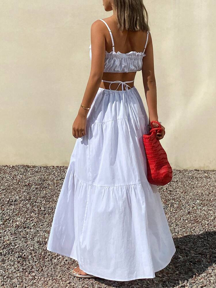 DAZY Spring & Summer Fashion White Fitted Casual/Beach Vacation Backless Dress, Suitable For Vale... | SHEIN