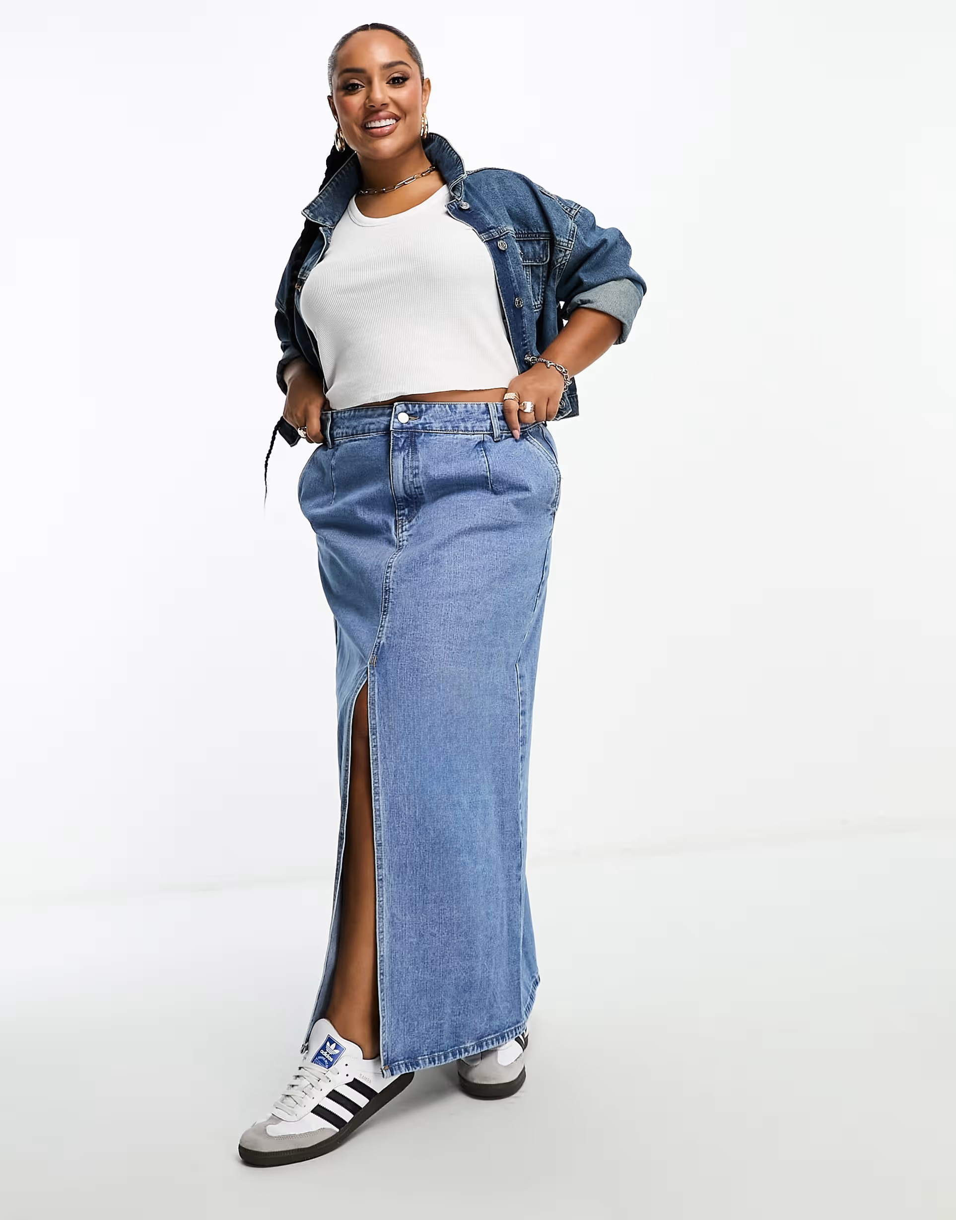 Vila Curve maxi denim skirt with double split in light blue wash | ASOS (Global)