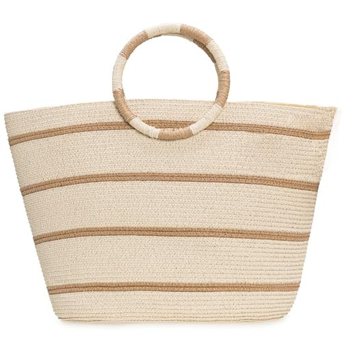 TOFUNTOY Beach Bags for Women Straw Tote Bag Summer Beach Bag Woven Tote Handbags Large Straw Bag for Vacation Holiday (Beige) | Amazon (US)