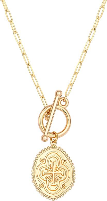 Amazon.com: 18k Gold Cross Medallion Pendant Necklace for Women Paperclip Chain Vintage Toggle Ne... | Amazon (US)