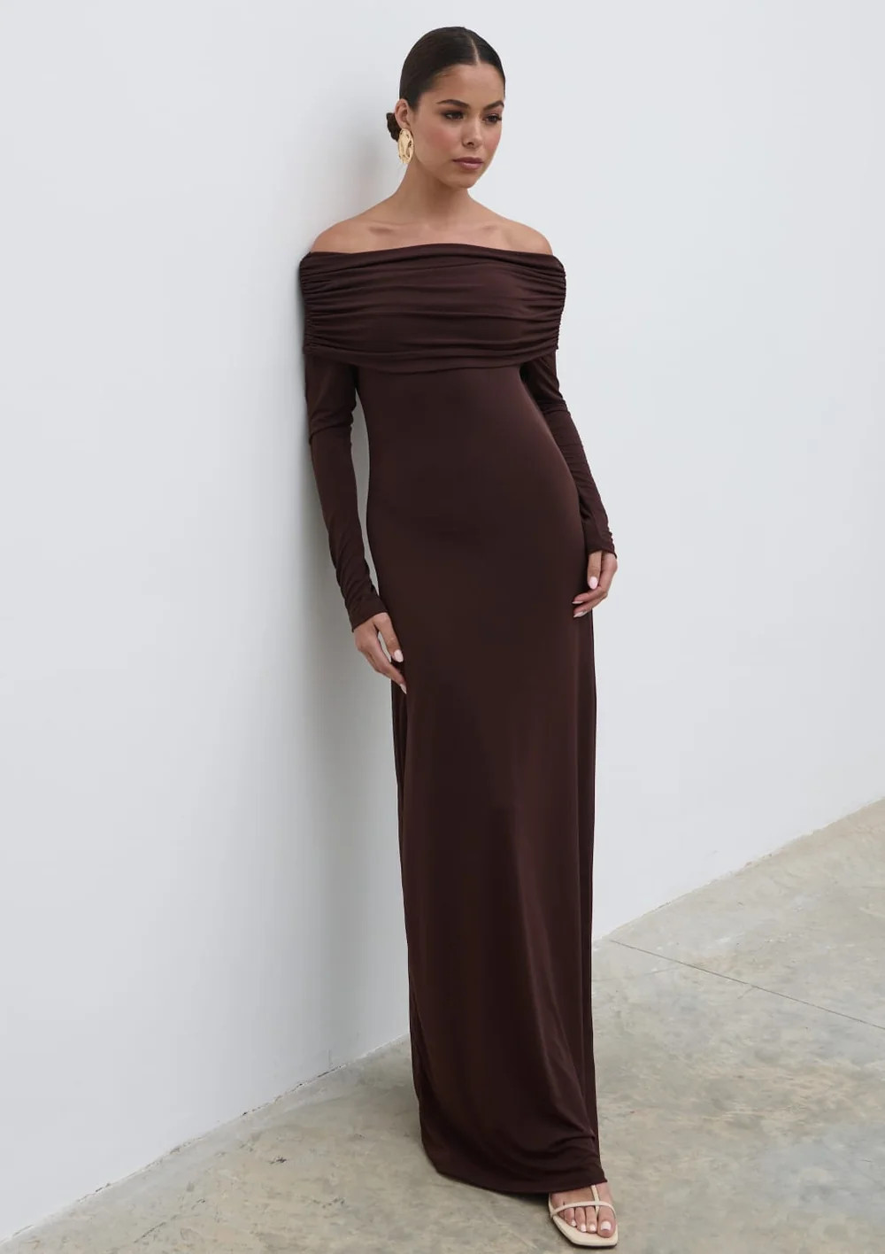 Perrie Bardot Jersey Maxi Dress - Brown | Pretty Lavish (UK)