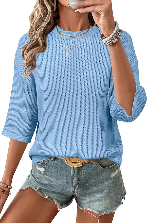 Arach&Cloz Womens 100% Cotton 3/4 Length Sleeve Sweater Crochet Tops Shirts Casual Blouses Resort... | Amazon (US)