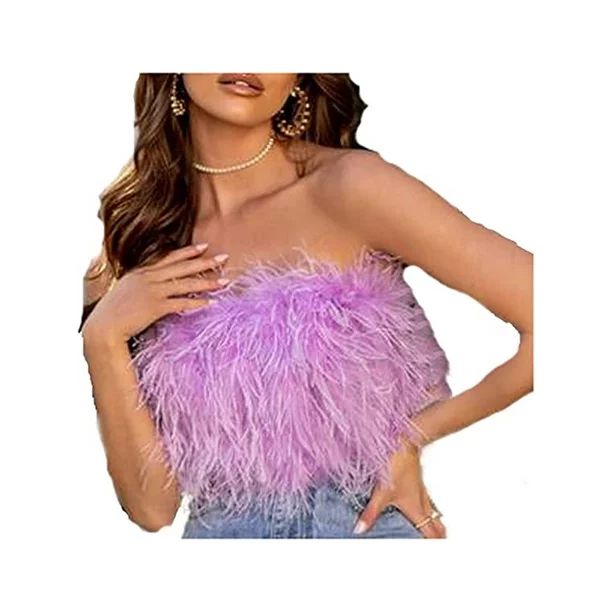 Licupiee Women's Sexy Feather Tube Y18k Crop Top Strapless Faux Fur Corset Top Backless Furry Tan... | Walmart (US)