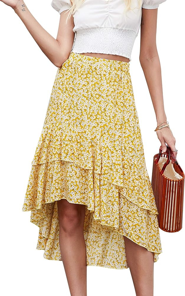 Women's Casual High Waist Printed Asymmetrical Ruffles Layers Long Skirt | Amazon (US)