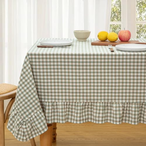 KKJIAF Sage Green Gingham Tablecloth 60 x 84 Inch, Cotton Plaid Tablecloth with Ruffle Edge Design, Linen Feel Classic Farmhouse Checkered Table Cover for Kitchen Parties Living Room Decoration | Amazon (US)