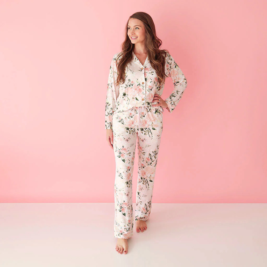 Floral Womens Pajamas | Long Sleeve Loungewear | Vintage Pink Rose | Posh Peanut