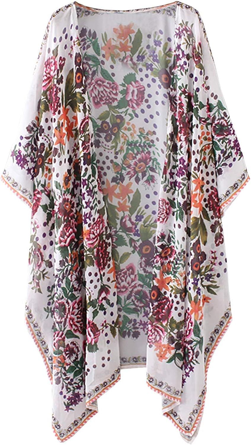 MayBuy Women's Summer Long Flowy Kimono Cardigans Boho Chiffon Floral Beach Cover Up Tops | Amazon (US)