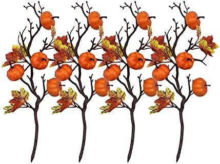 Firlar Artificial Pumpkin Branches, 4 PCS Artificial Maple Leaf Pumpkin Picks, Pumpkin Fall Stems fo | Amazon (US)