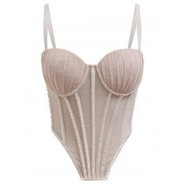 Bead Embellished Pleated Mesh Bustier Top in Nude | Chicwish