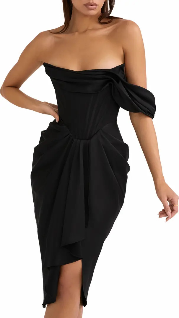 One-Shoulder Draped Satin Midi Dress | Nordstrom