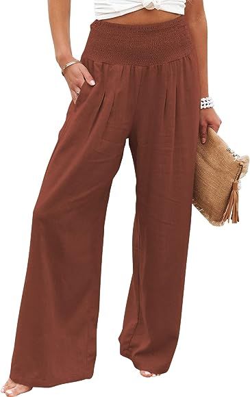 Yanekop Women Casual Wide Leg Palazzo Lounge Pants High Waist Smocked Trousers with Pockets | Amazon (US)