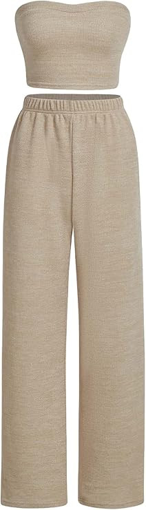 Floerns Women's 2 Piece Outfit Bandeau Crop Tube Top and Wide Leg Pants Set | Amazon (US)