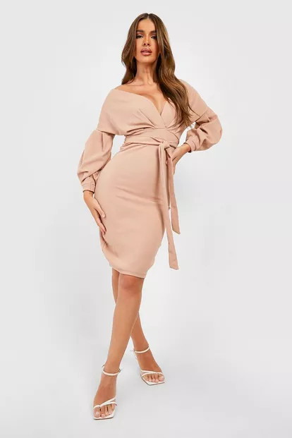 Off the Shoulder Wrap Midi Dress | Boohoo.com (UK & IE)