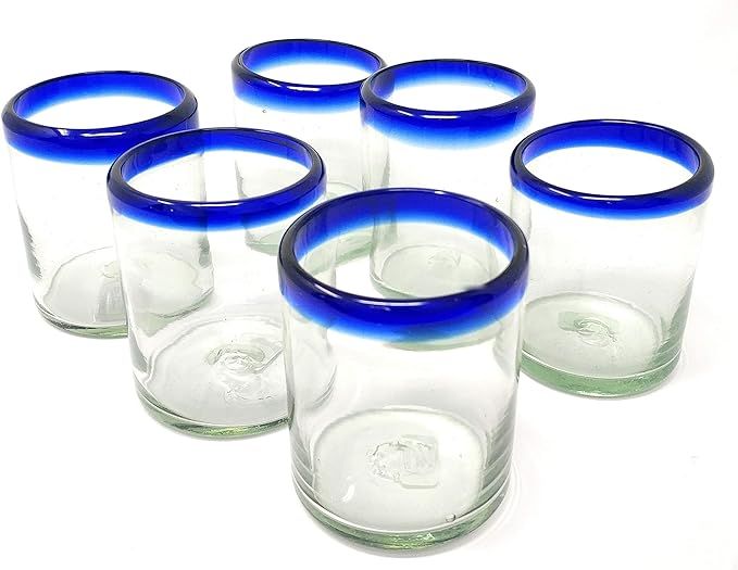 Hand Blown Mexican Drinking Glasses – Set of 6 Tumbler Glasses with Cobalt Blue Rims (10 oz eac... | Amazon (US)