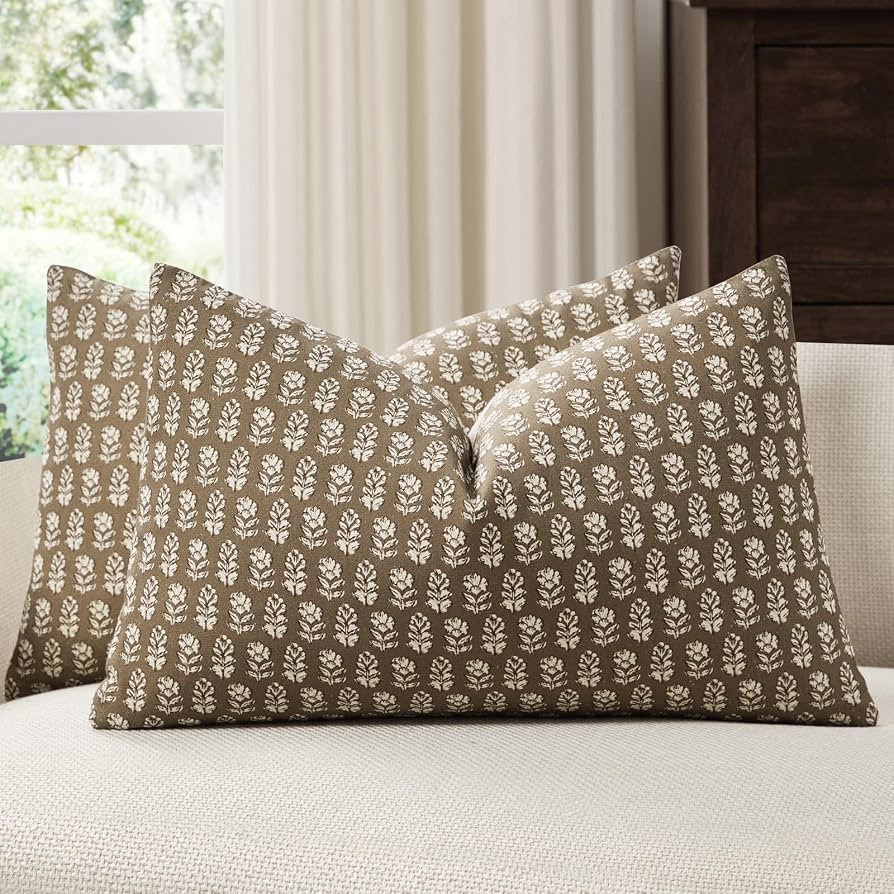 2 Pack Decorative Floral Print Pillow Covers 12x20in, Cinnamon | Amazon (US)