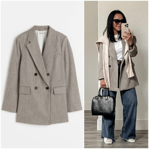 Taupe Herringbone Patterned Double Breasted Blazer (XS, S) | Poshmark