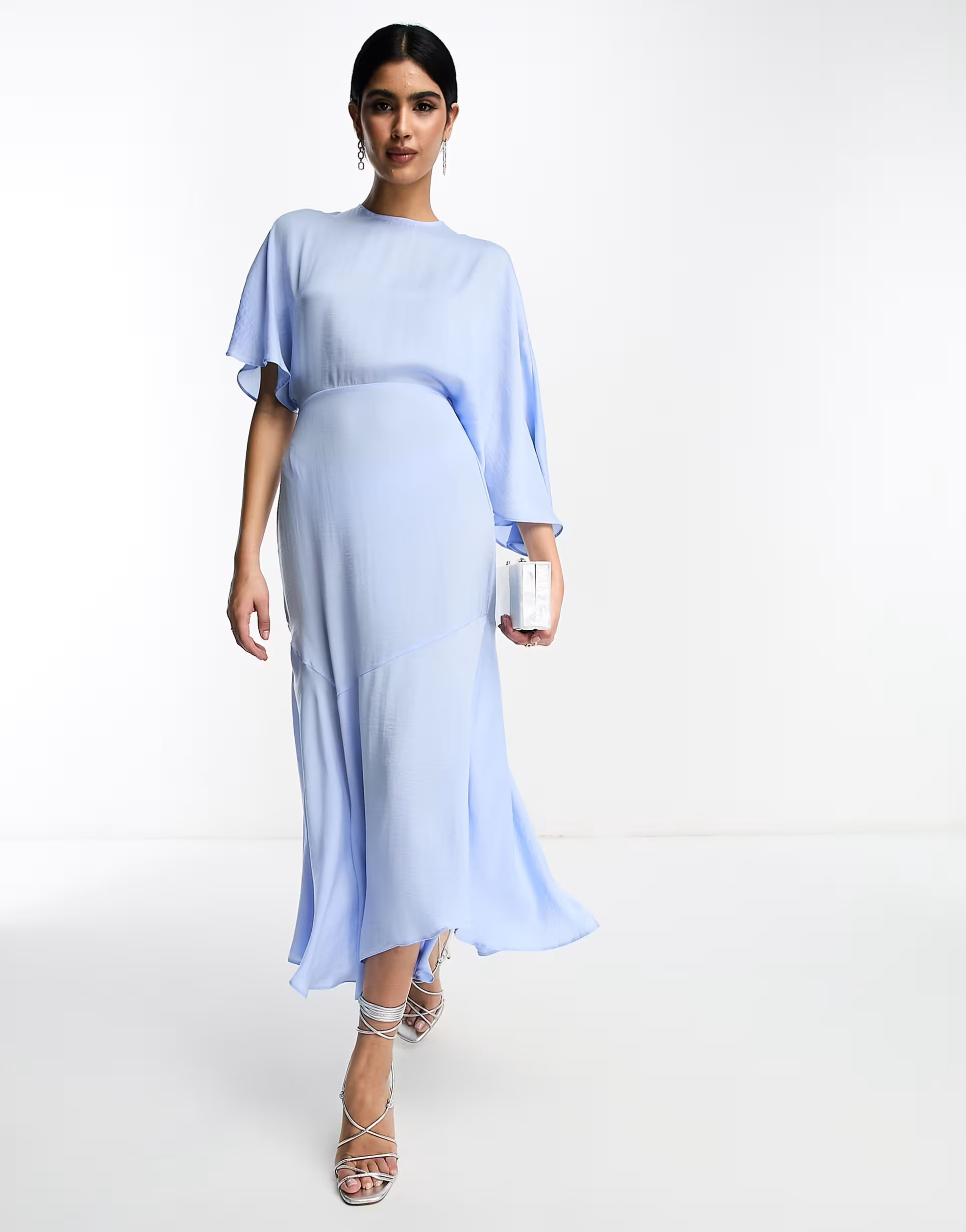 ASOS DESIGN satin flutter sleeve asymmetric hem midi dress in pale blue | ASOS (Global)
