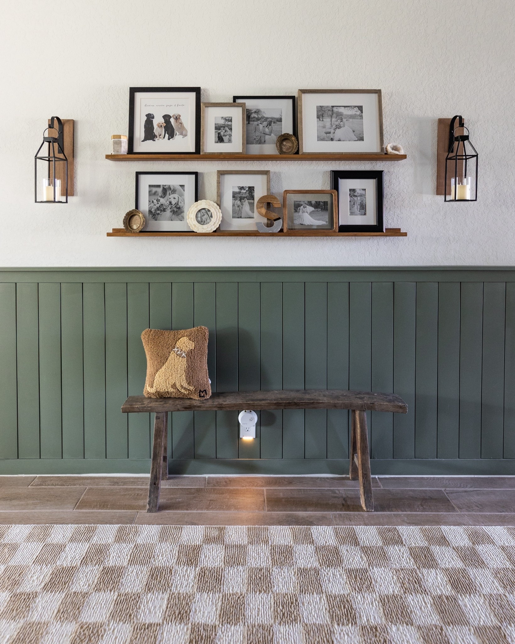 Hallway views 🫶🏼 the vertical shiplap adds interest to this space and the picture ledges create a collected gallery wall moment. Tagged the runner rug, sconces, skinny bench and similar pillows!

#LTKHome