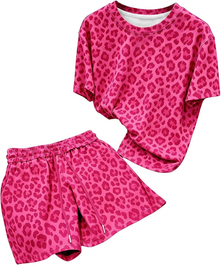 RoseSeek Women's 2 Piece Cheetah Outfits Crew Neck Short Sleeve T Shirts with Mini Shorts Set Y2k... | Amazon (US)