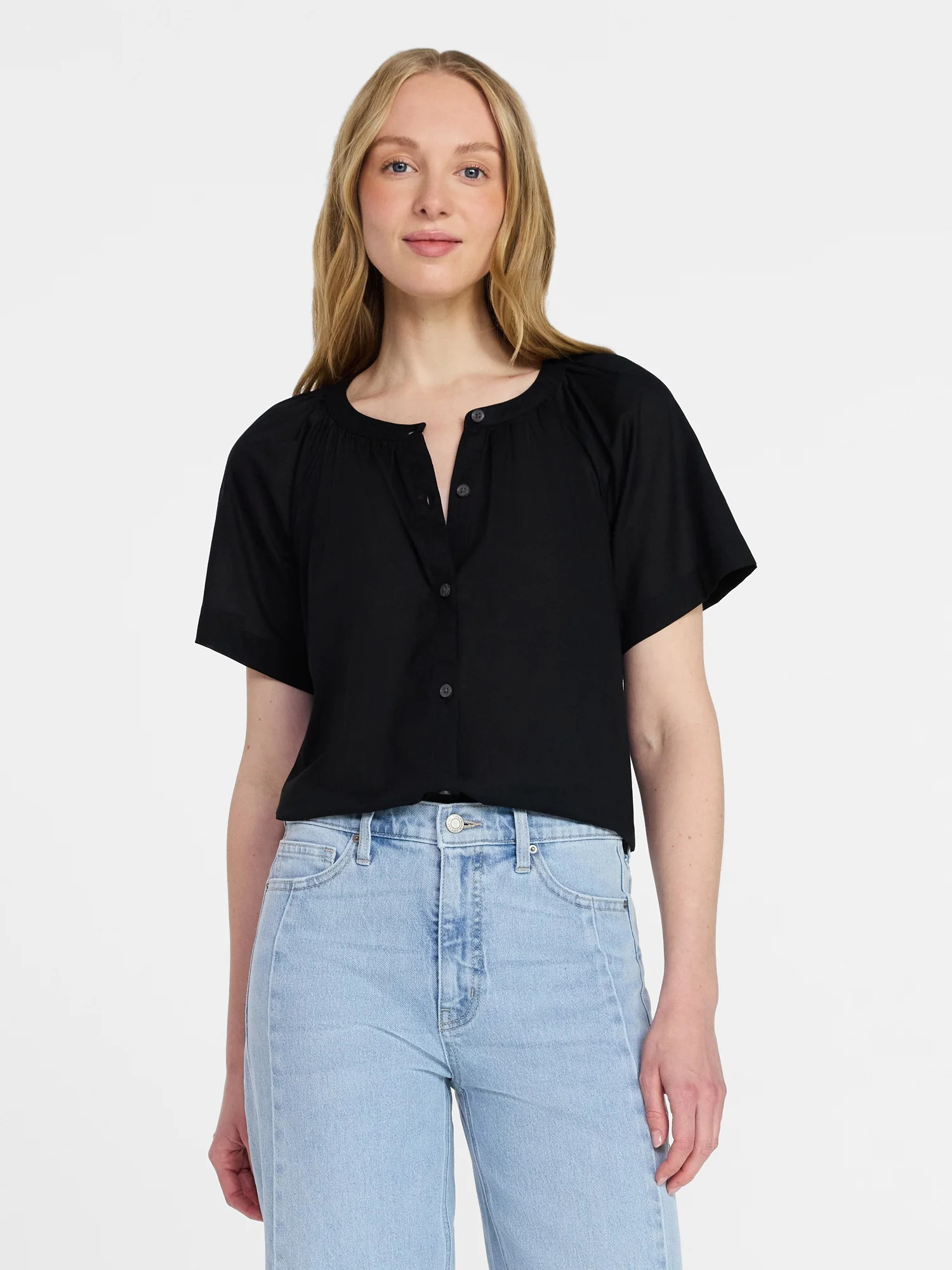 Time and Tru Women's Cotton Button Up Blouse with Short Sleeves, Sizes XS-XXXL | Walmart (US)