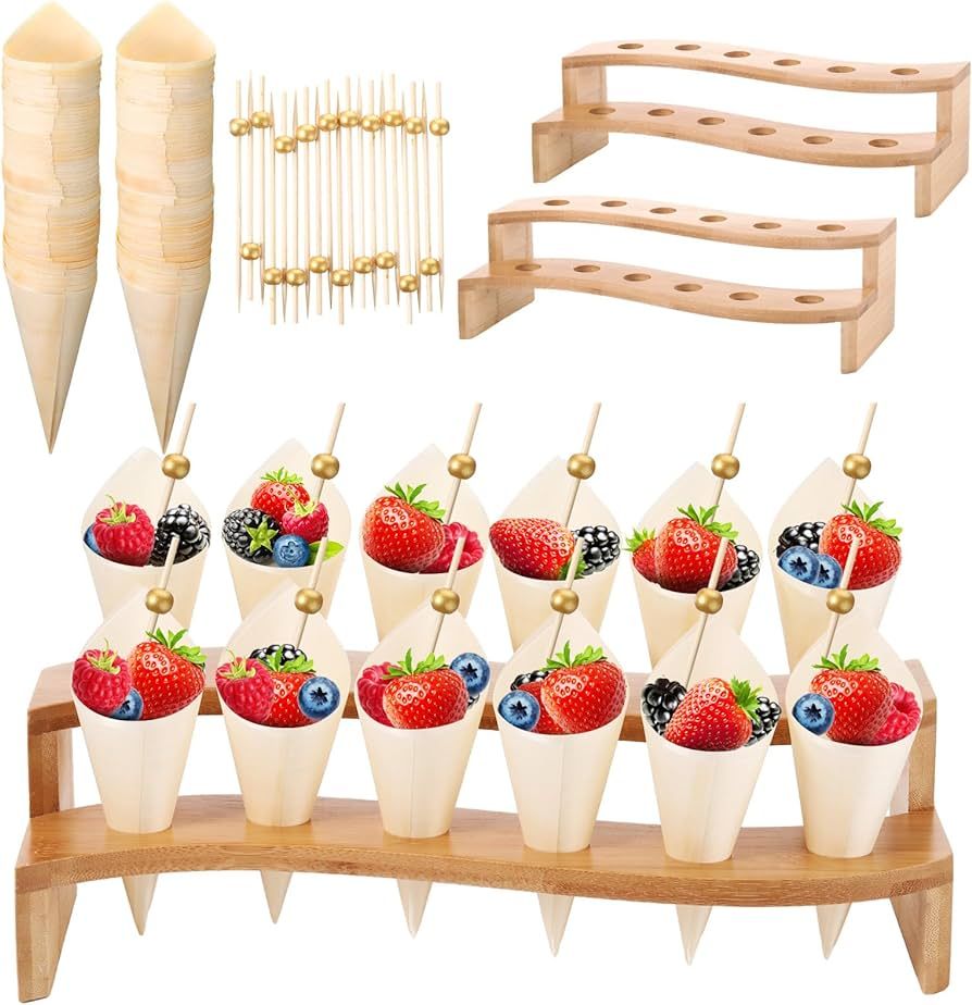 Queekay 100 Disposable Wood Cones for Food with 2 Pcs 12 Holes Ice Cream Cone Display Stand Charc... | Amazon (US)
