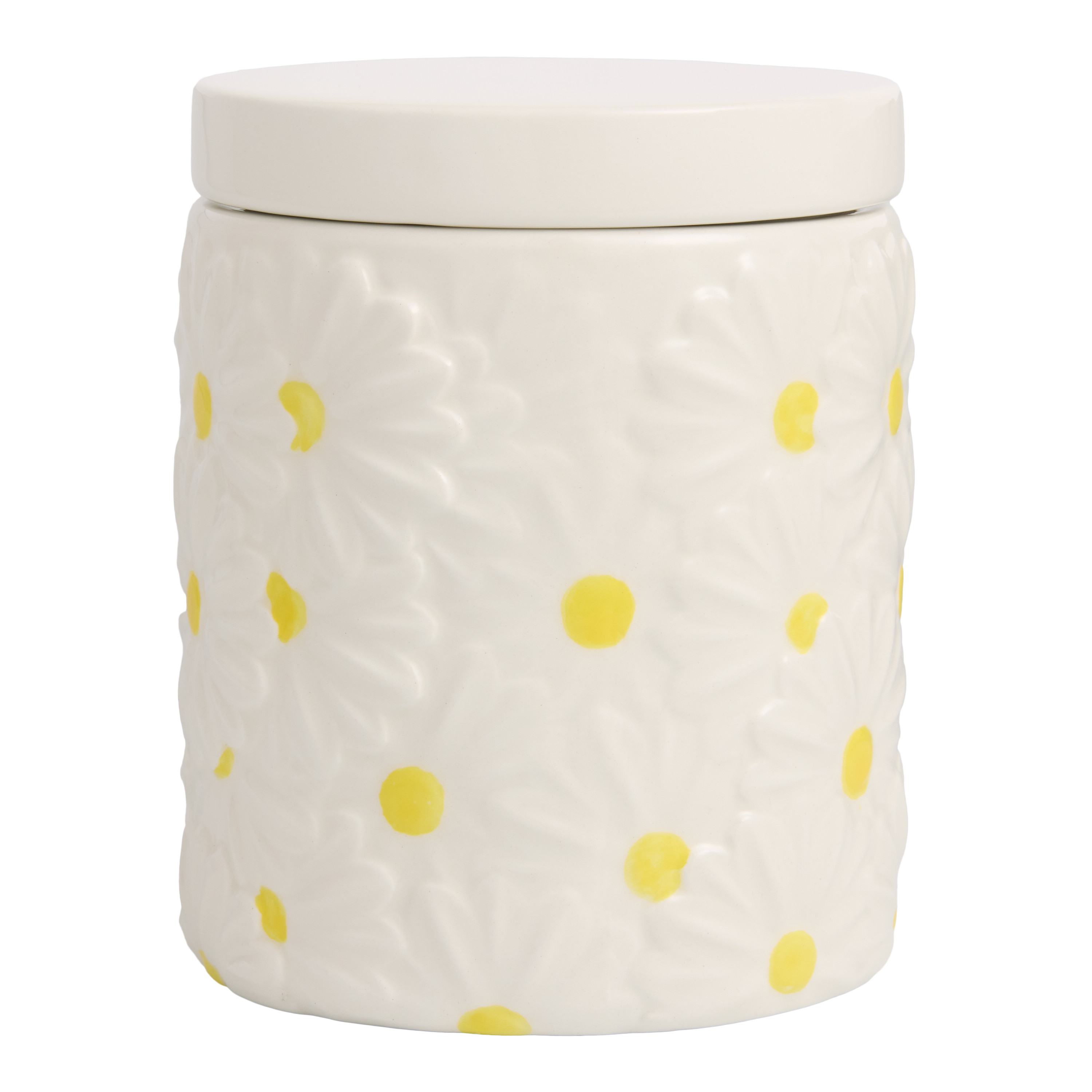 White and Yellow Hand Painted Daisy Ceramic Storage Canister | World Market