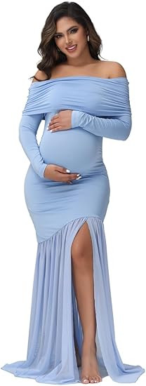 Maternity Long Sleeve Off Shoulder Baby Shower Dress Party Mesh Paneled Split Maxi Photography Go... | Amazon (US)