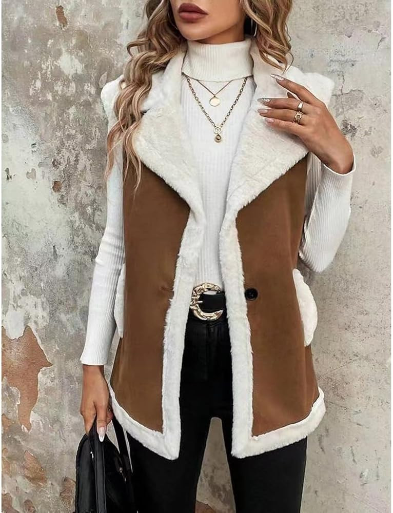 Mywinway Womens Suede Sherpa Lined Leather Vest Jacket 2024 Fall Winter Sleeveless Lambswool Fur ... | Amazon (US)