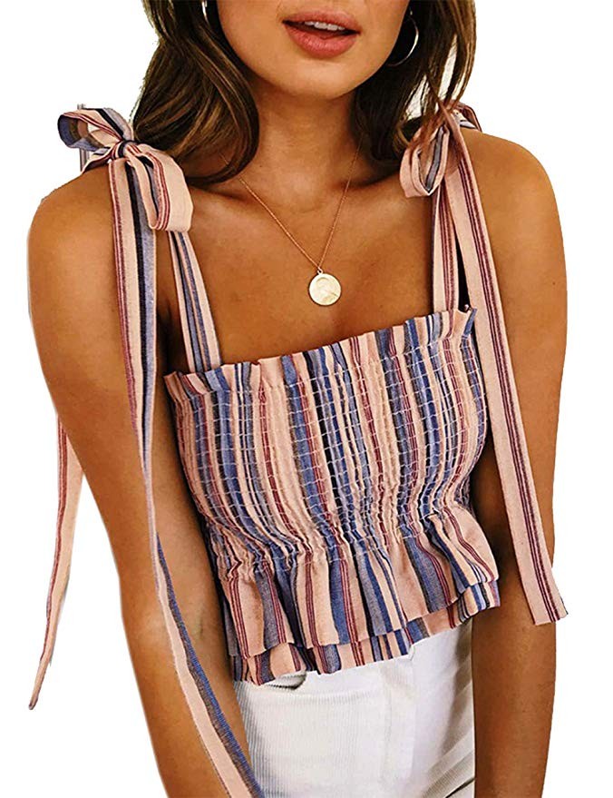 KAMISSY Women's Frill Smocked Crop Tank Top Tie Shoulder Strap Vest | Amazon (US)