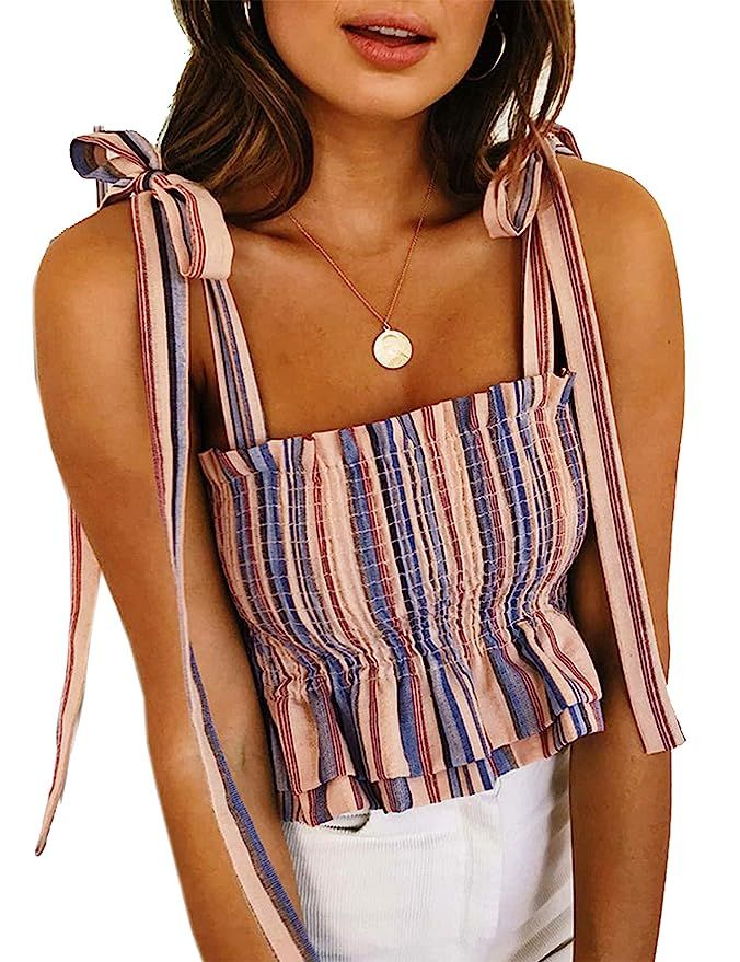 KAMISSY Women's Frill Smocked Crop Tank Top Tie Shoulder Strap Vest | Amazon (US)